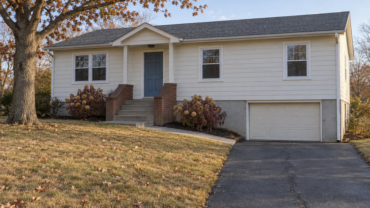 Late-autumn light on a pale-sided raised-ranch home with a deep lawn, brick-edged front steps and an integrated garage.
