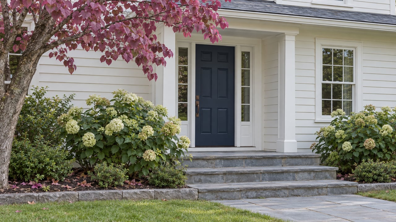 Off-white clapboard house entry with navy door, bluestone steps, hydrangeas, and a tree canopy.