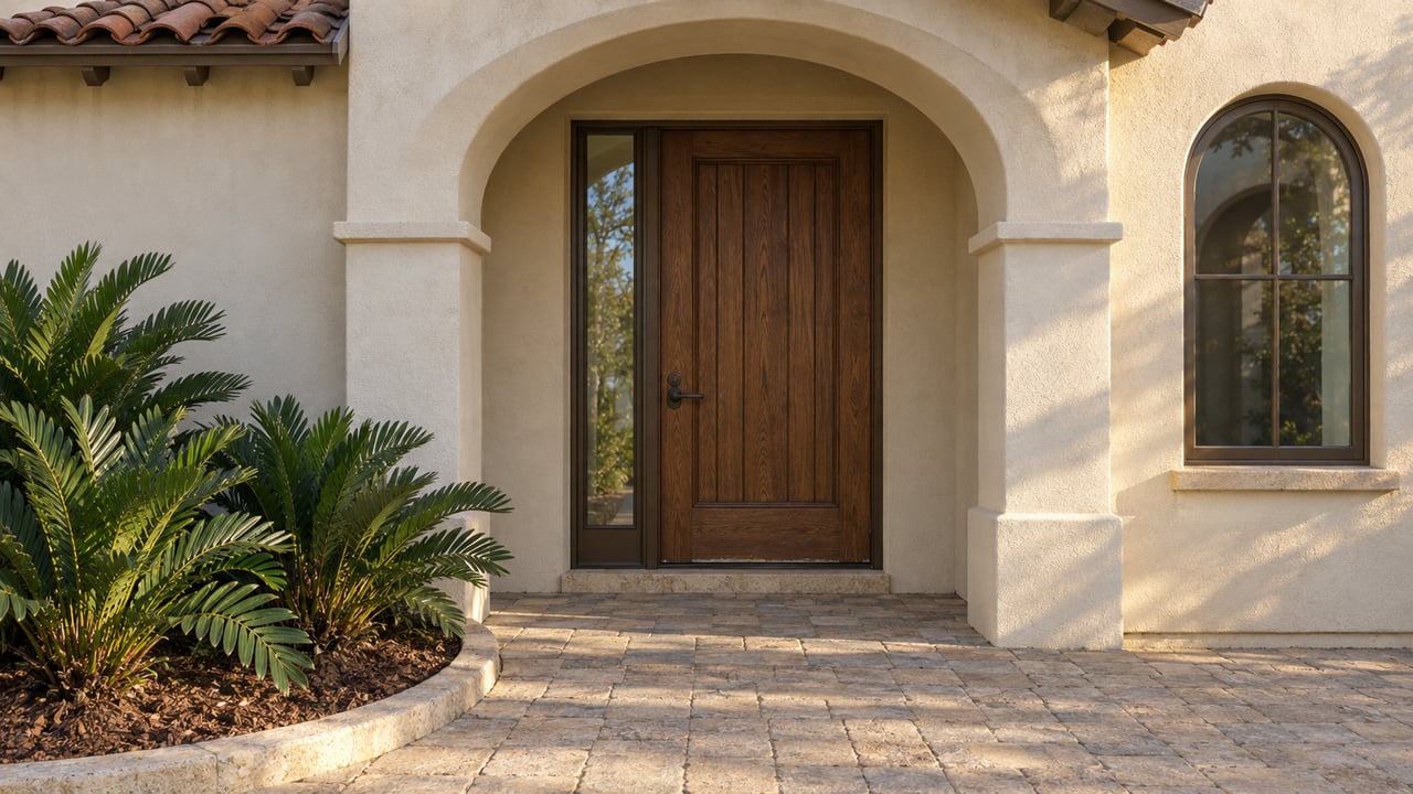 Sunlit stucco entry with a recessed oak door, bronze-framed arched window, weathered clay roof tiles and three coontie plants beside a paver approach.