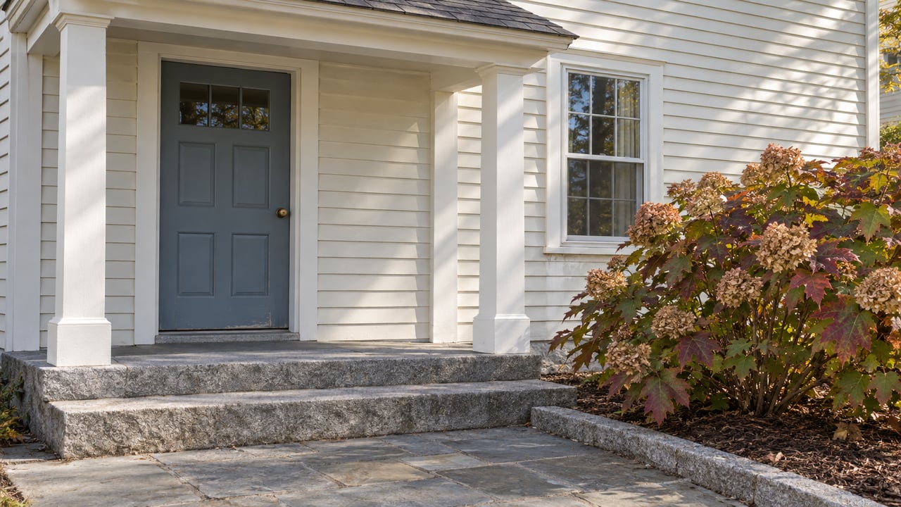 Blue-gray front door beneath a small porch on an ivory clapboard home, with granite steps and an oakleaf hydrangea in autumn color.