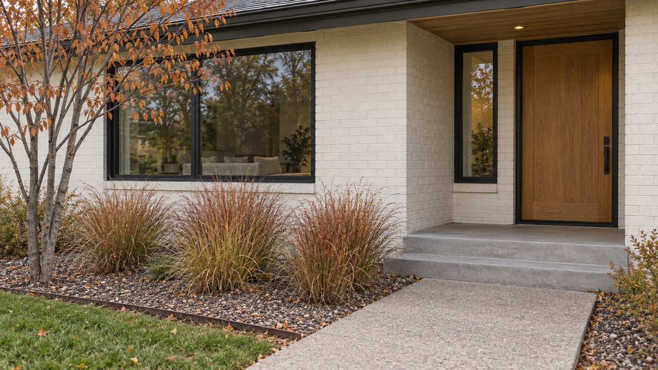Updated ranch entry with an oak door, black-framed windows, and autumn grasses beside the concrete walk.