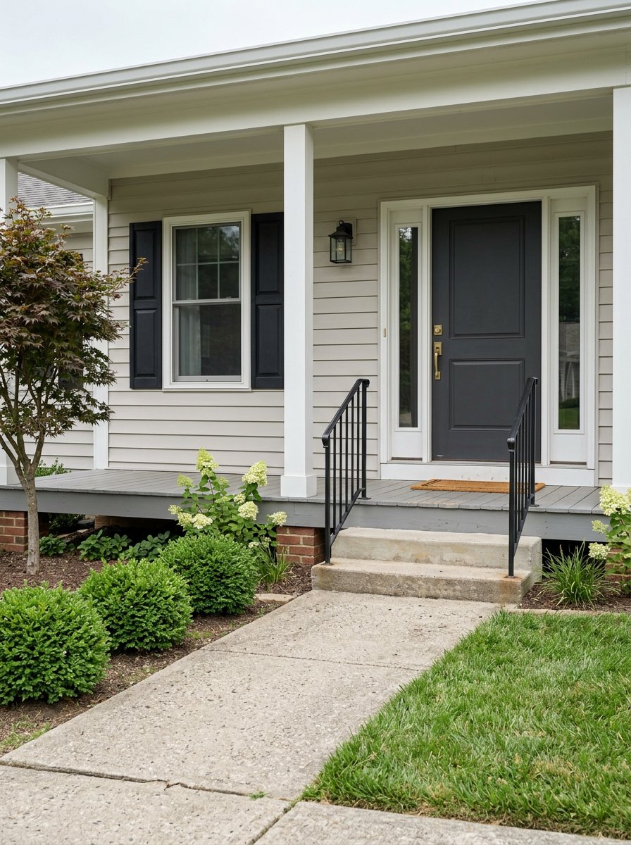 Covered entry with clapboard siding, brass-accented door, stoop, and foundation plants.