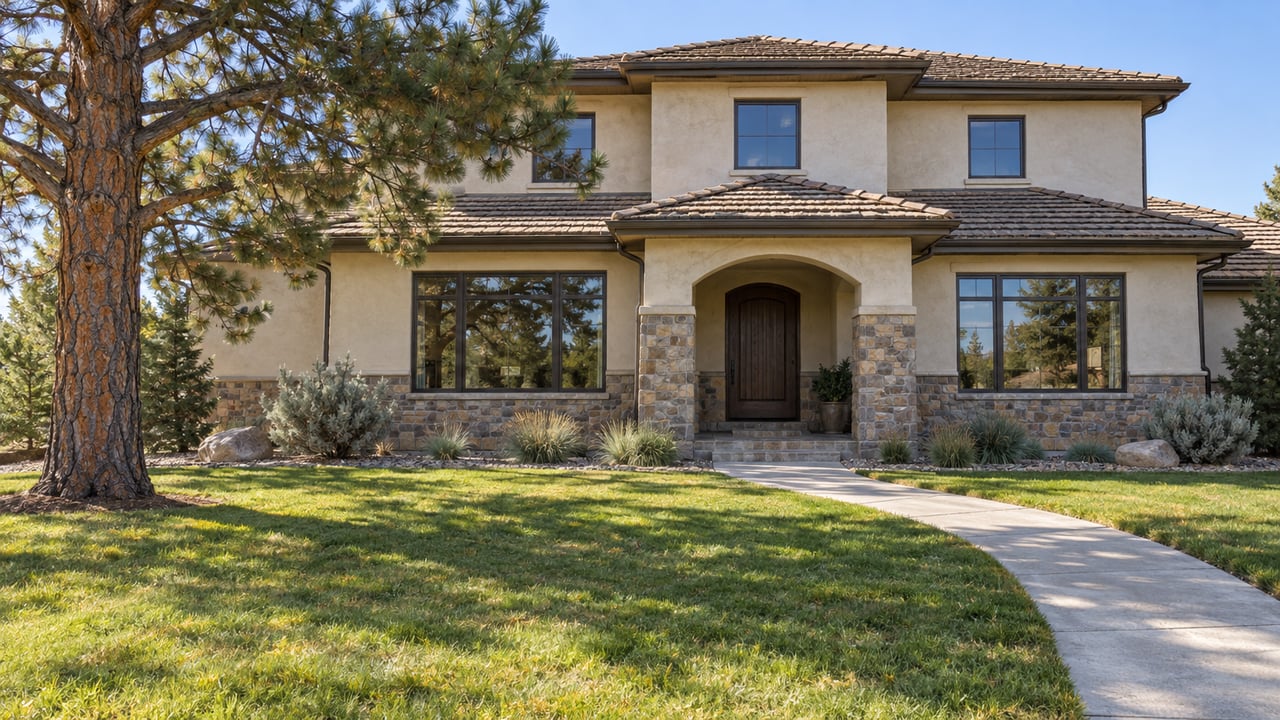 Cream stucco and stone home with a recessed arched entry, deep autumn lawn, mature pine, and a curved concrete walkway.