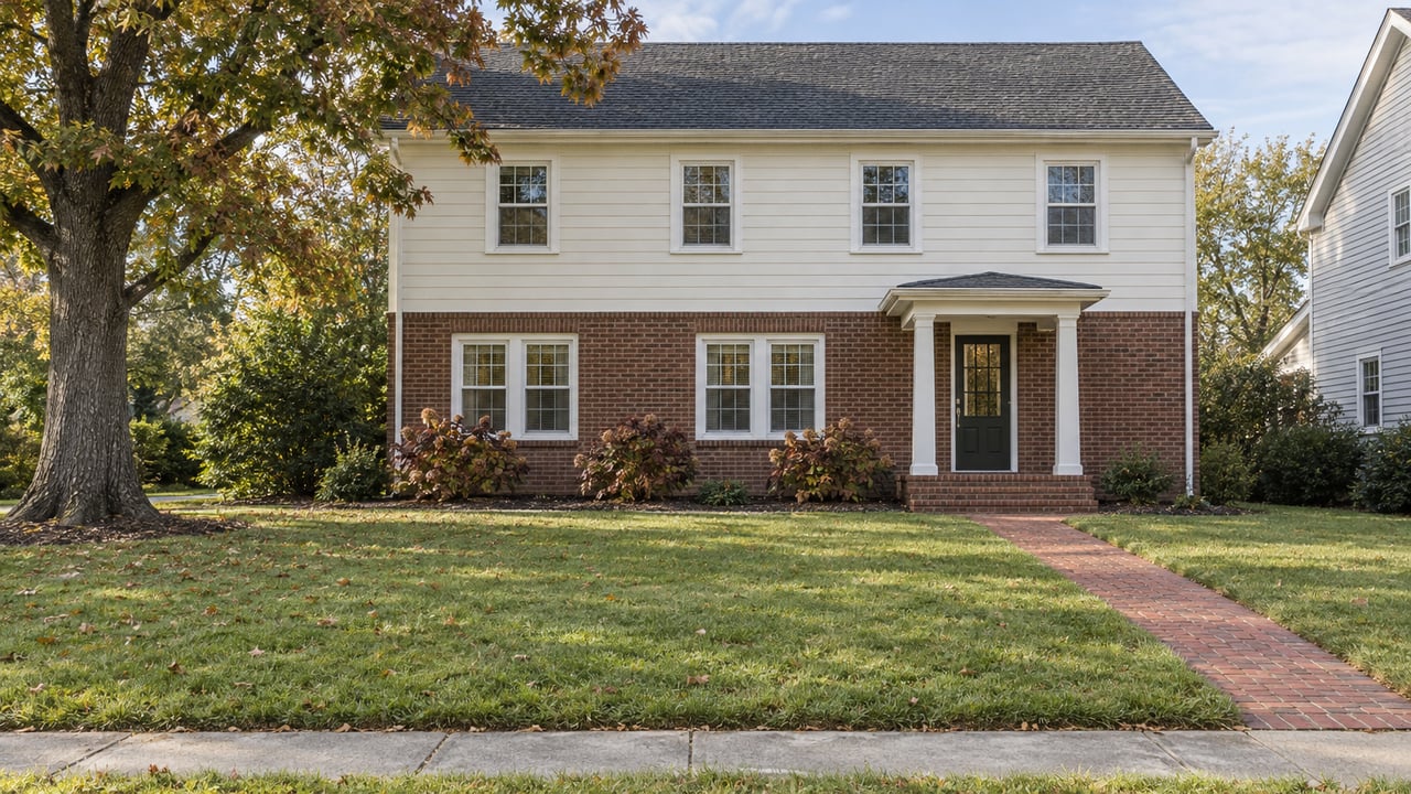 Brick-and-ivory clapboard home beyond a deep autumn lawn, with a mature willow oak and a brick front walk.