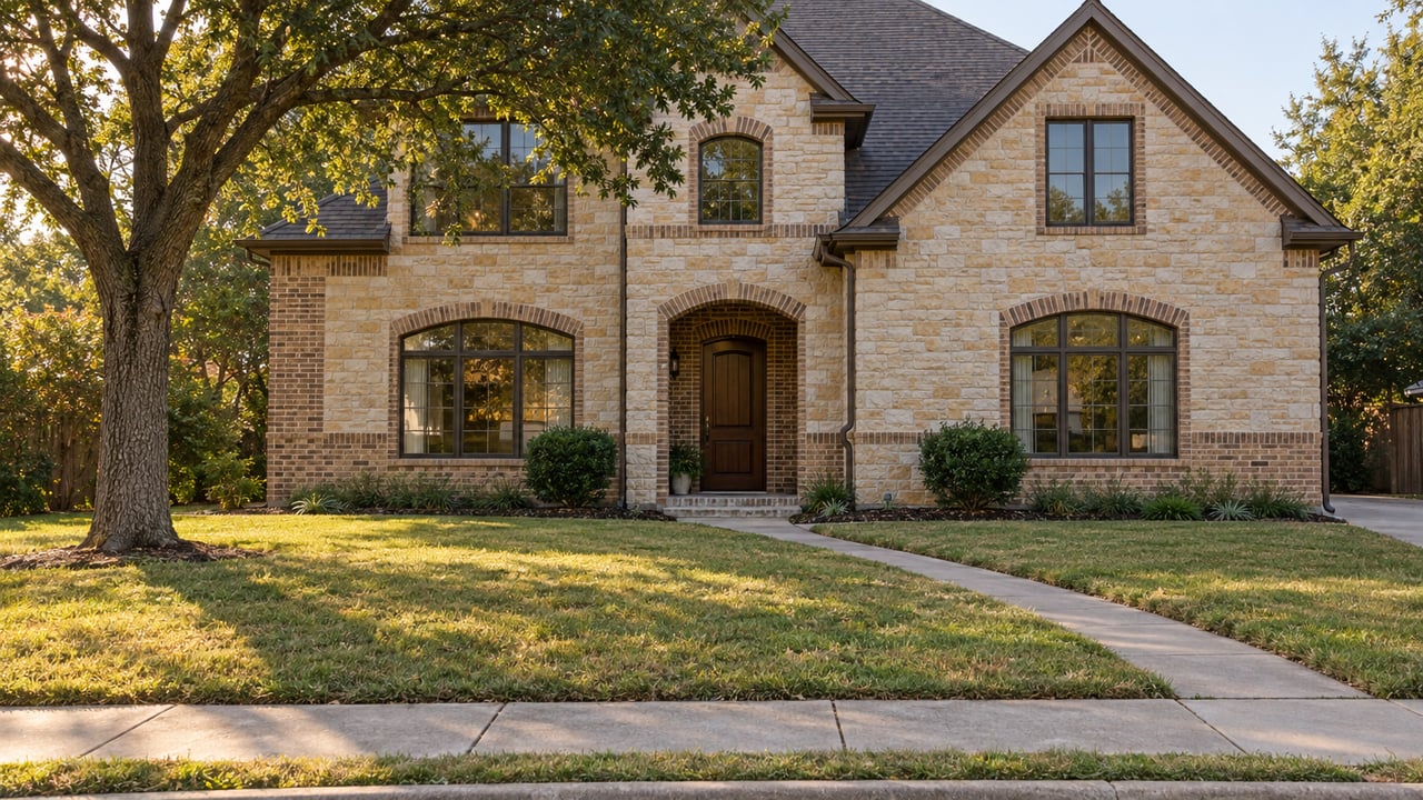 Two-story limestone and brick house behind a broad lawn, with a mature oak shading its left facade.