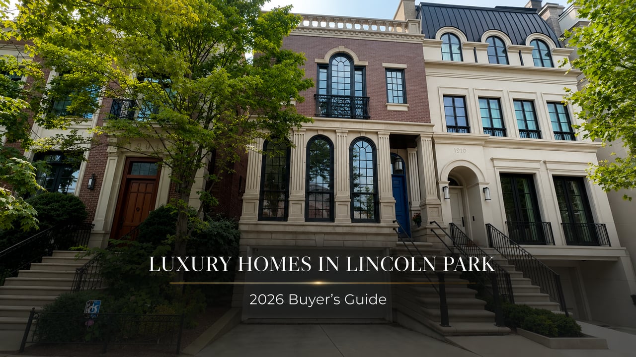 Luxury homes on a tree-lined residential street in Lincoln Park Chicago