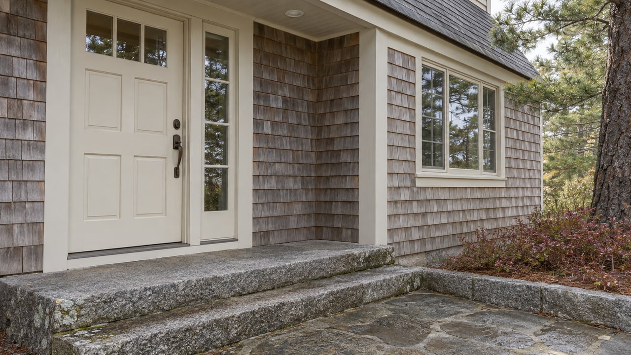 Shingled house entrance with an off-white door, divided-light sidelight, granite steps, and pine reflected in the window.