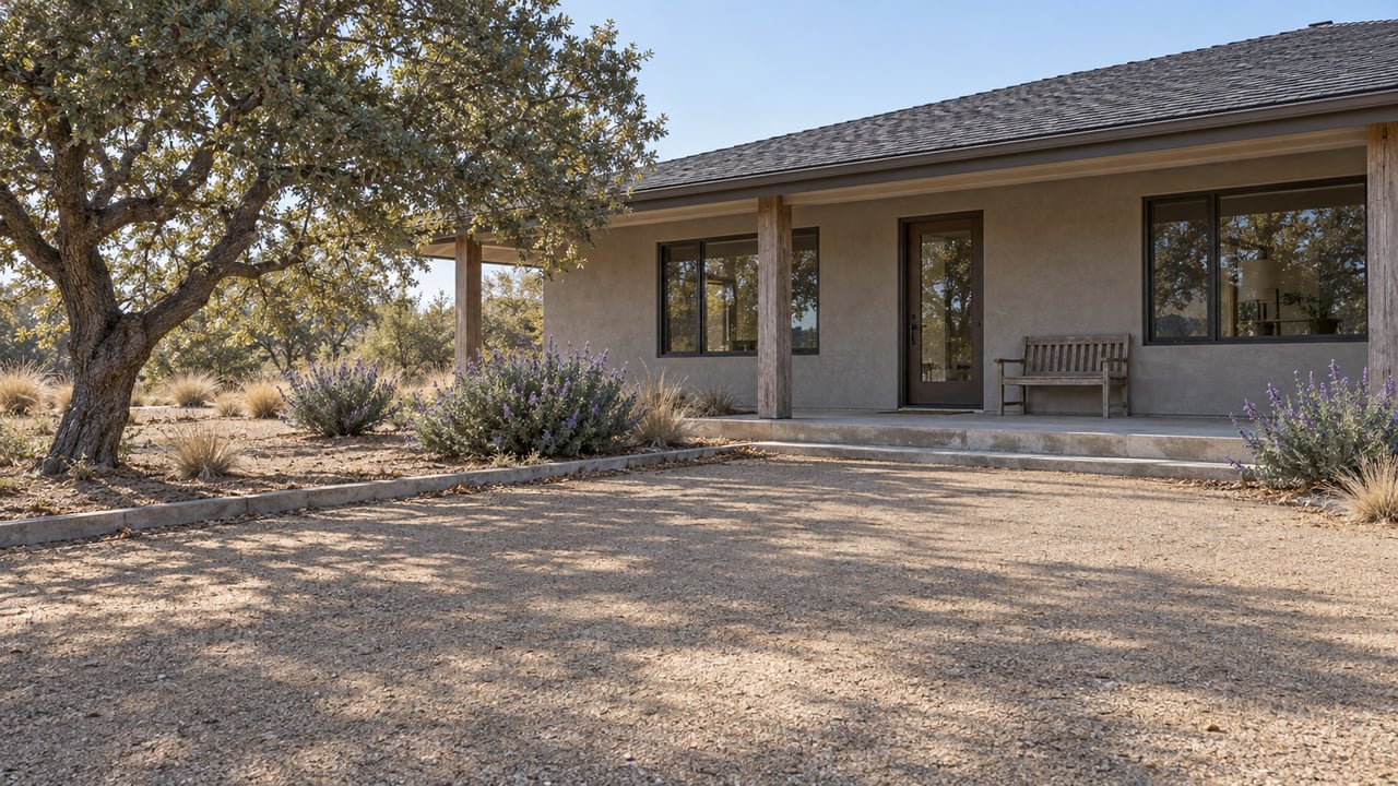 Low single-story stucco home with a timber porch, broad gravel approach and mature blue oak in clear morning light.