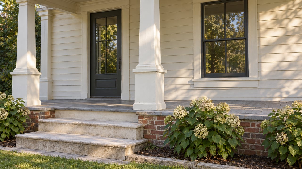 Ivory clapboard house with a covered porch, limestone steps, brick cheeks, and cream hydrangea blooms.