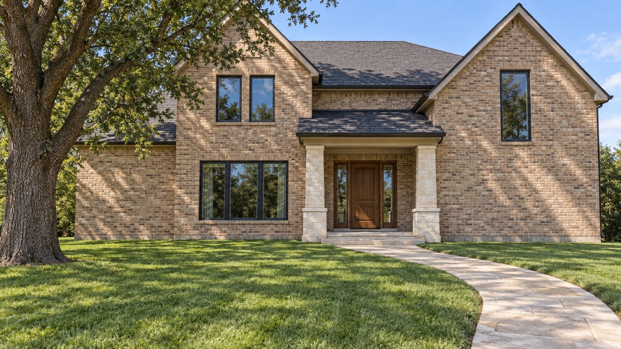 An established brick home with limestone entry piers, dark-framed windows and a broad lawn beneath a mature oak.