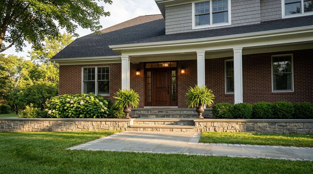 Two-story brick and gray-shingle home with a columned porch, stone steps, bluestone walkway, and fern planters.