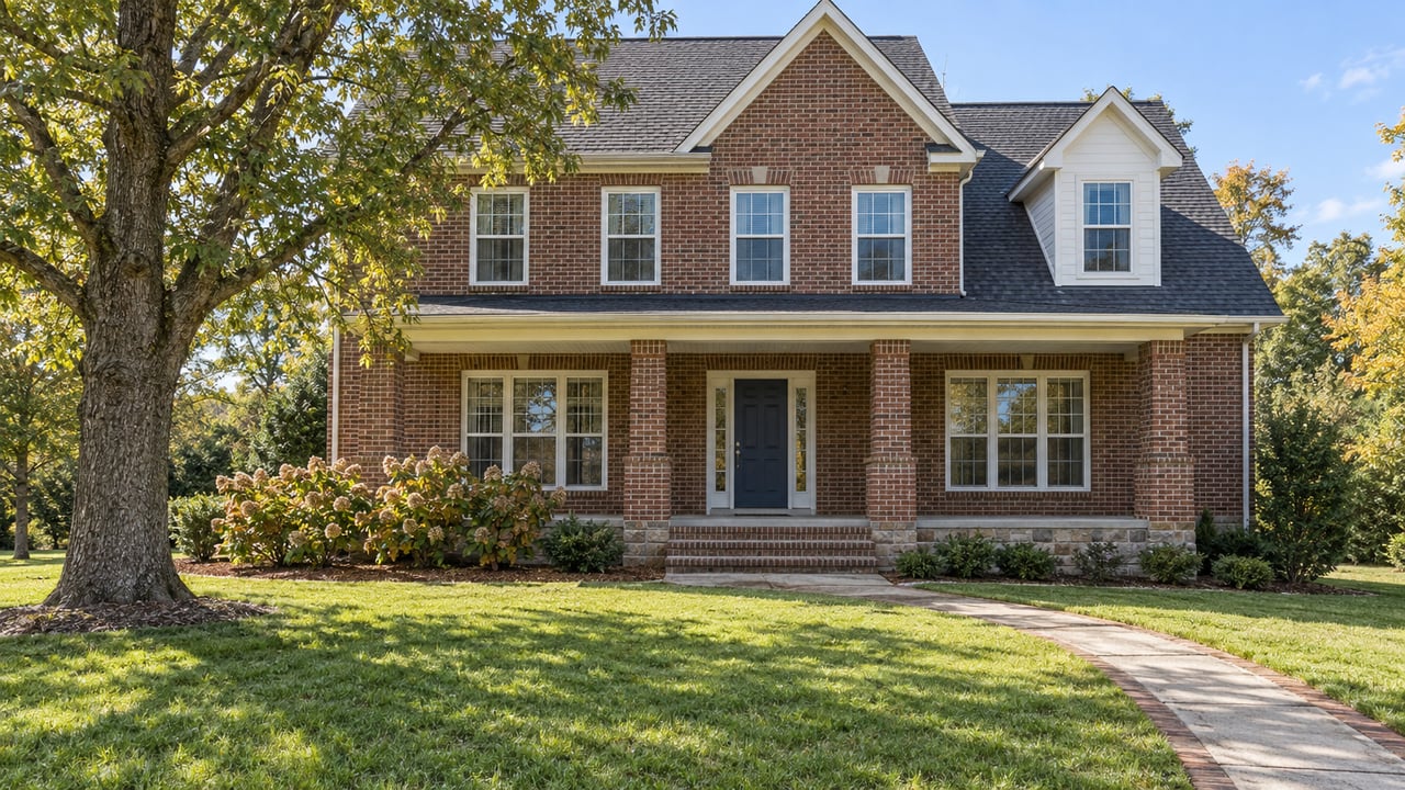 Red-brown brick home with a steep gabled roof, covered entry porch and broad lawn, framed by a mature willow oak and oakleaf hydrangeas.