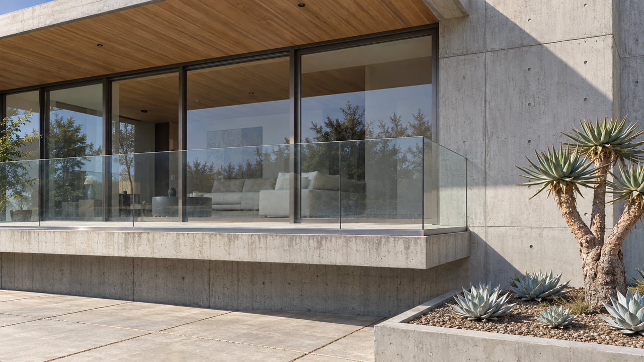 Sunlit concrete and timber residence with a glass balcony, bronze-framed windows and sculptural succulent planting.