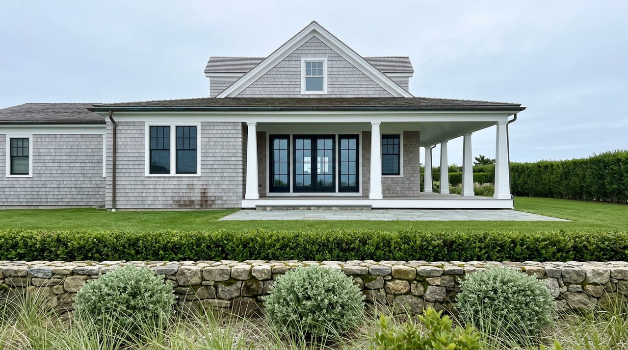 Shingle-style coastal home behind a bluestone patio, lawn, mossy stone wall, clipped hedge, and beach grass.