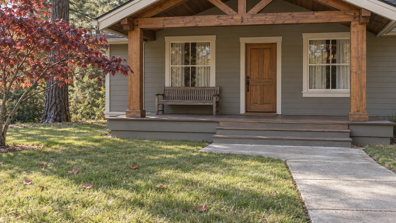 Warm gray craftsman-style home with a timber porch, wood steps, an oak bench and autumn foliage beside a concrete approach.