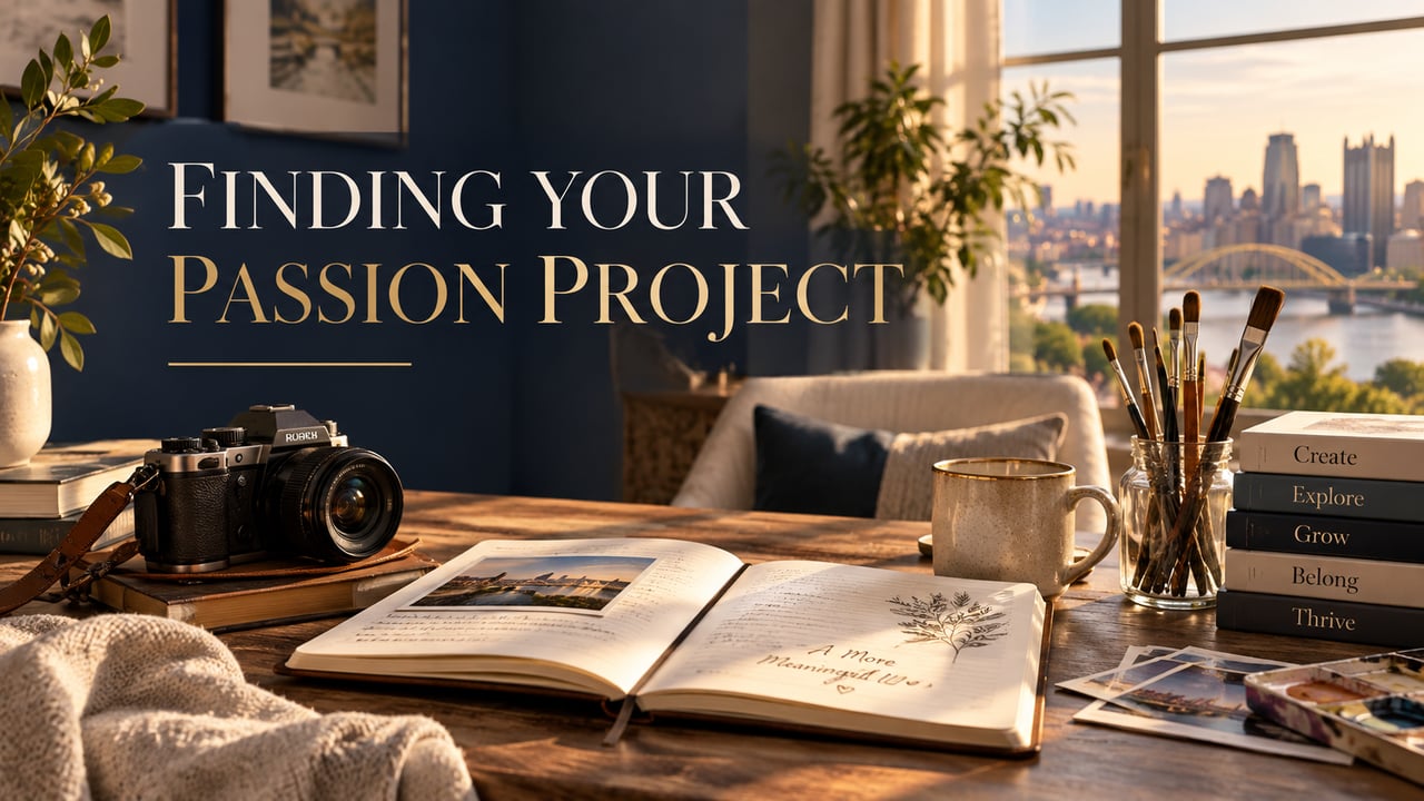 Finding Your Passion Project, over a warm home workspace overlooking Pittsburgh.