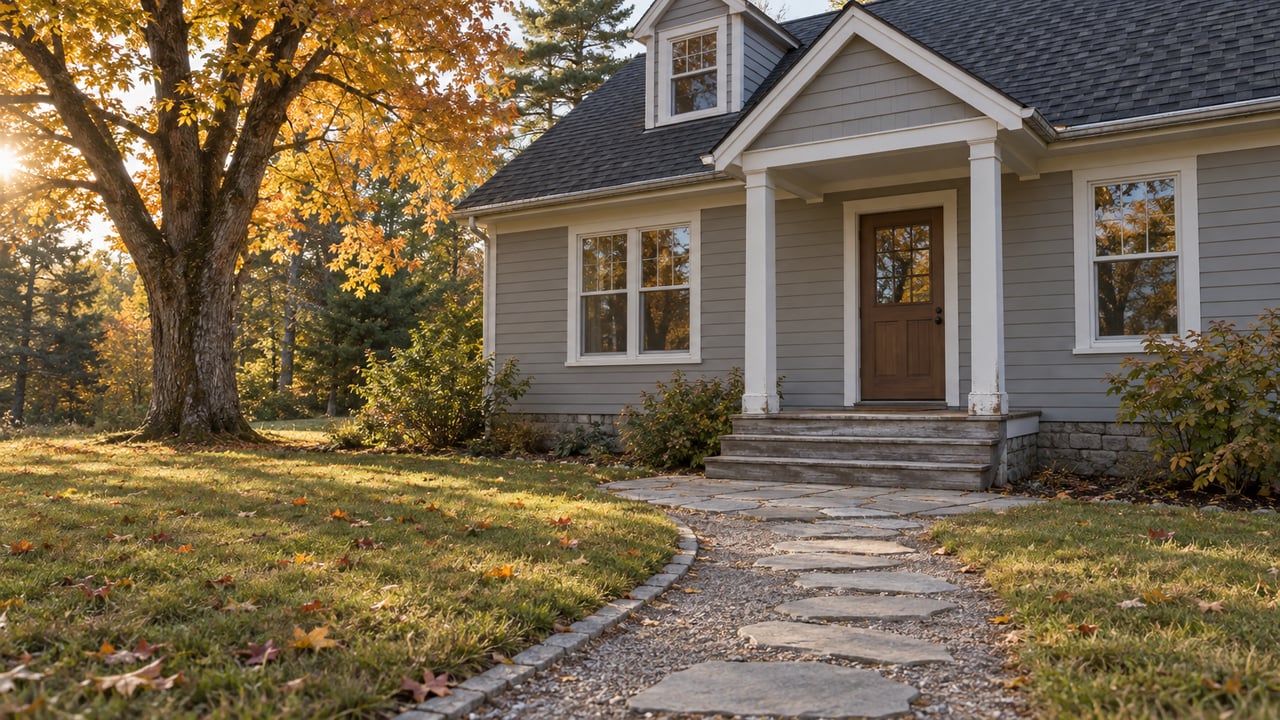 Autumn light on a gray wood cottage with a covered porch, stone approach, and amber sugar maple beside the lawn.