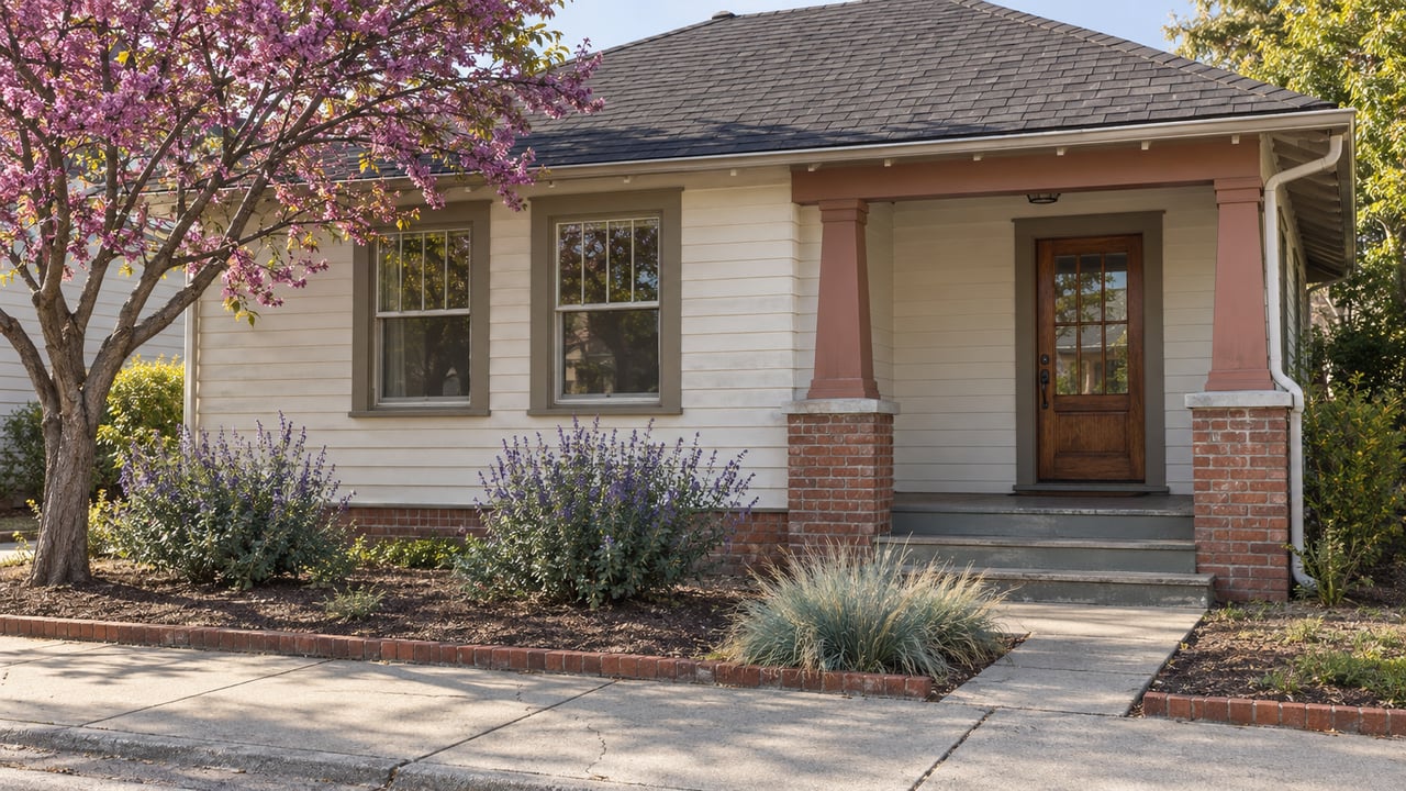 Small white cottage with a recessed porch, brick foundation, and pruned tree beside the sidewalk.