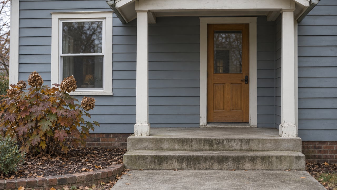 Covered entry of a blue-gray sided home with a timber door, concrete steps and russet oakleaf hydrangea.