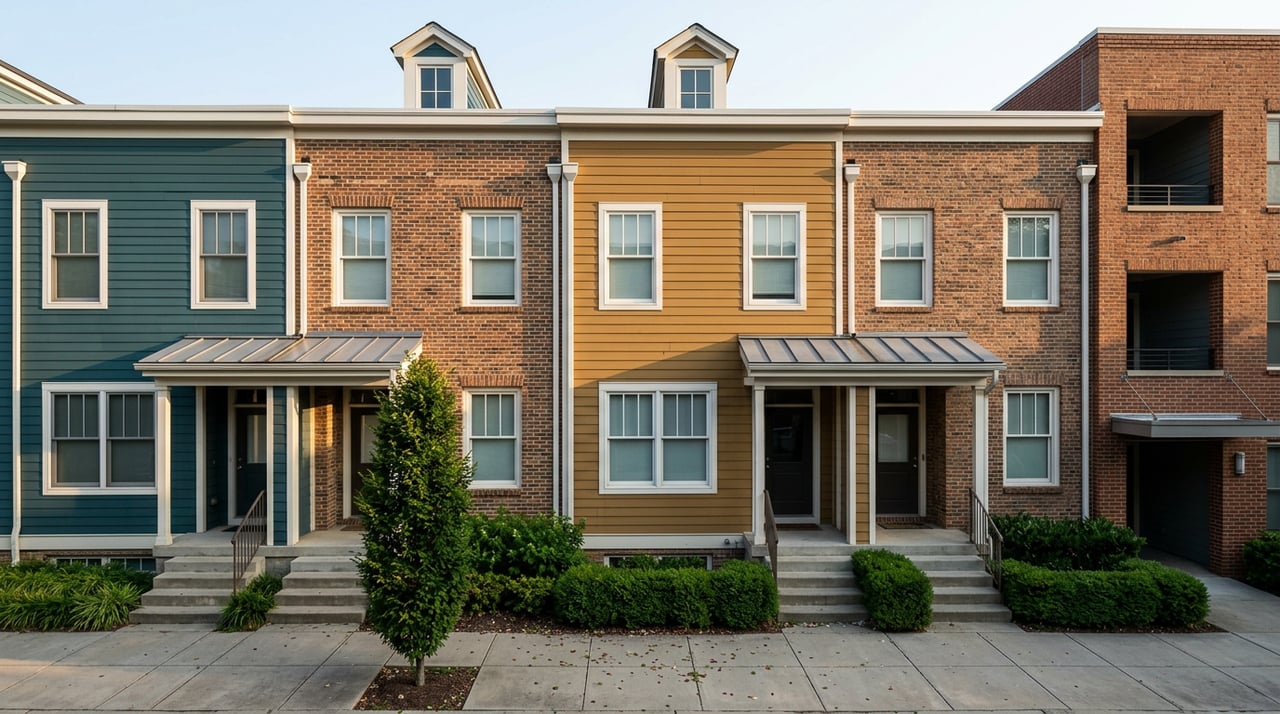 Four attached city homes with teal and ochre siding, brick facades, white trim, and small front stoops.