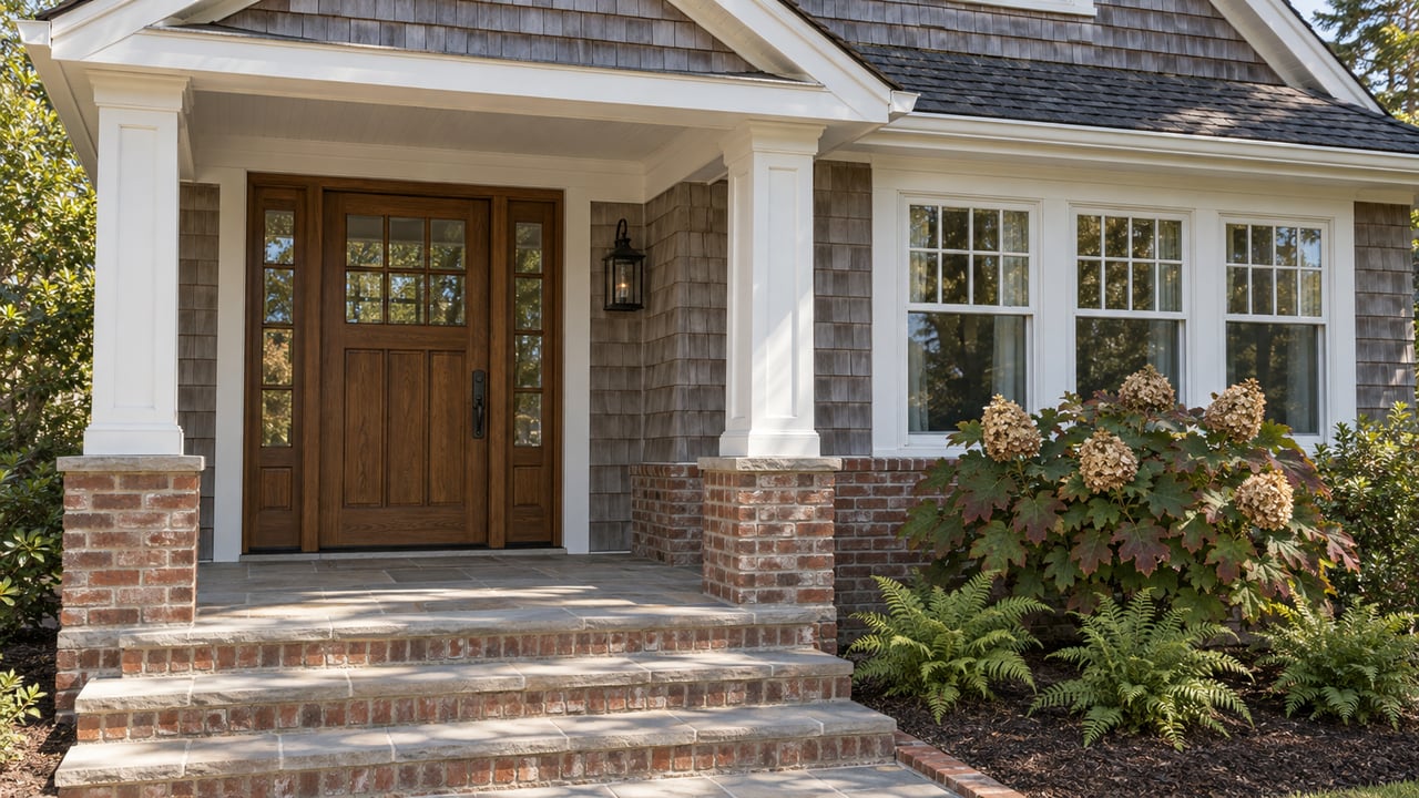 Cedar-shingled home entrance with white porch columns, brick steps, limestone paving, and oakleaf hydrangea.