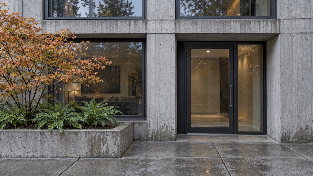 Rain-marked concrete and dark-framed windows surround a glazed condominium entrance beside an autumn vine maple and sword ferns.