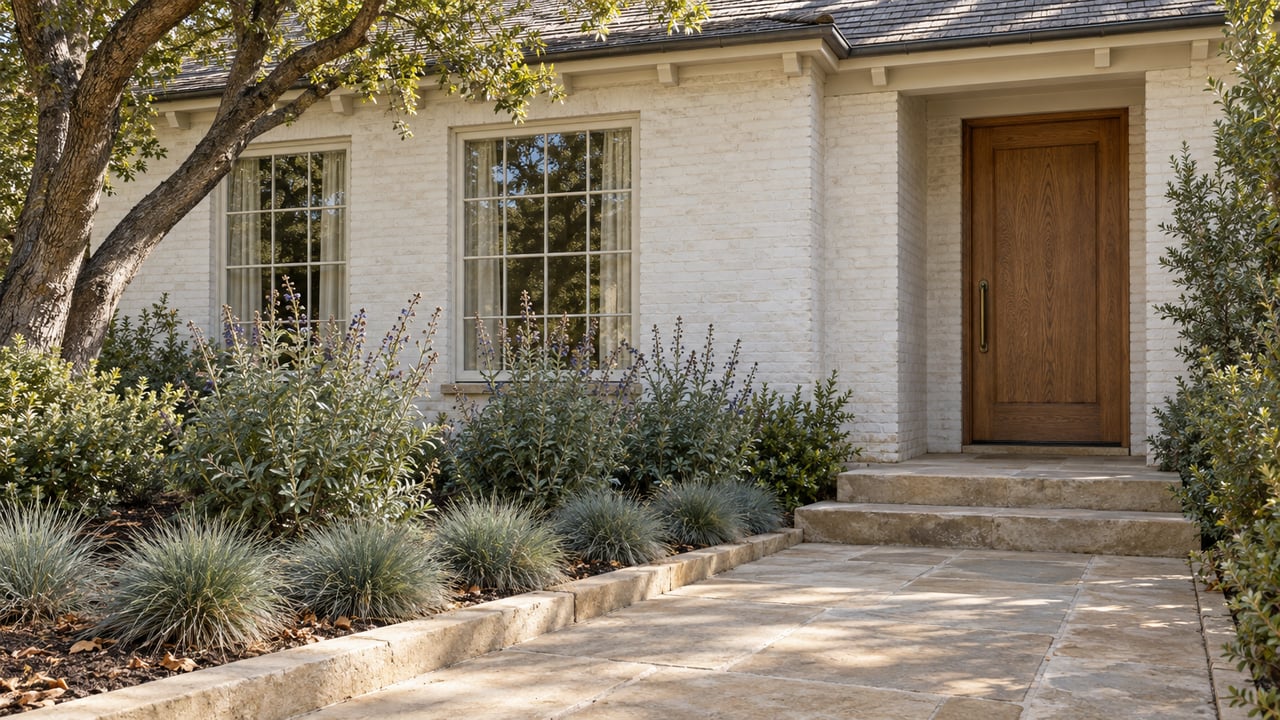 Sunlit limewashed-brick home with oak entry door, divided-light windows, and a sandstone approach beside native oak and flowering sage.