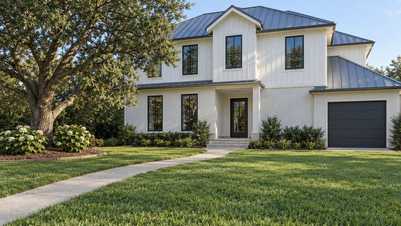 White two-story home with a blue-gray metal roof, dark windows and a recessed entrance beyond a deep green lawn and curving concrete walk.