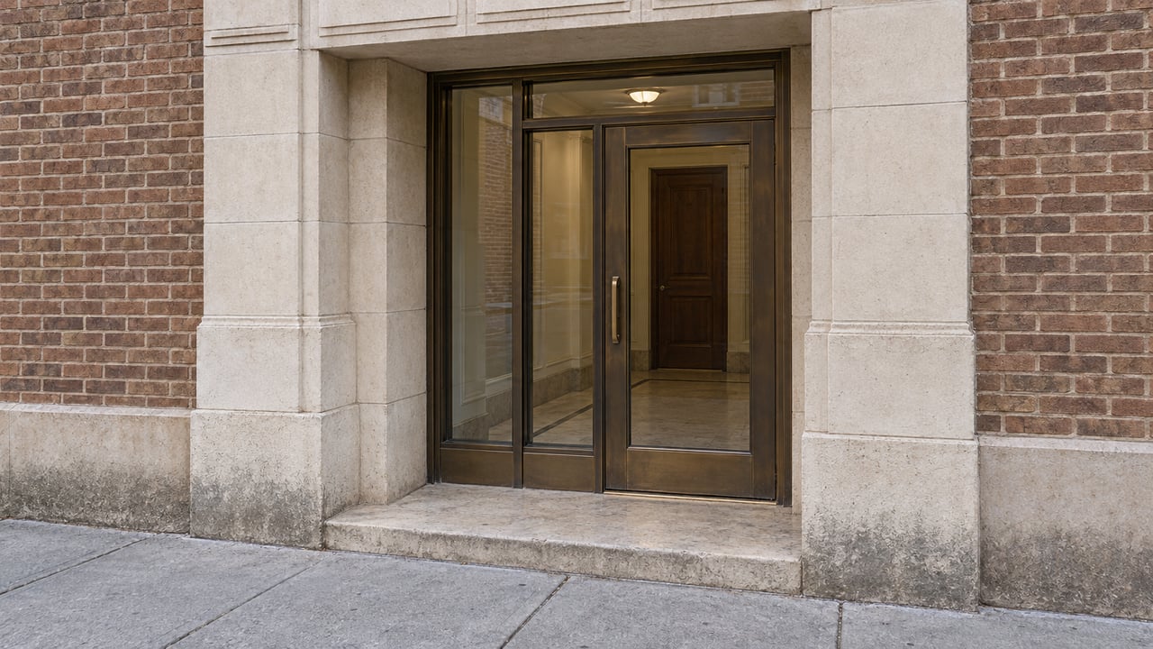 Weathered limestone and brown brick frame a closed bronze-and-glass residential entrance above a shallow stone step.