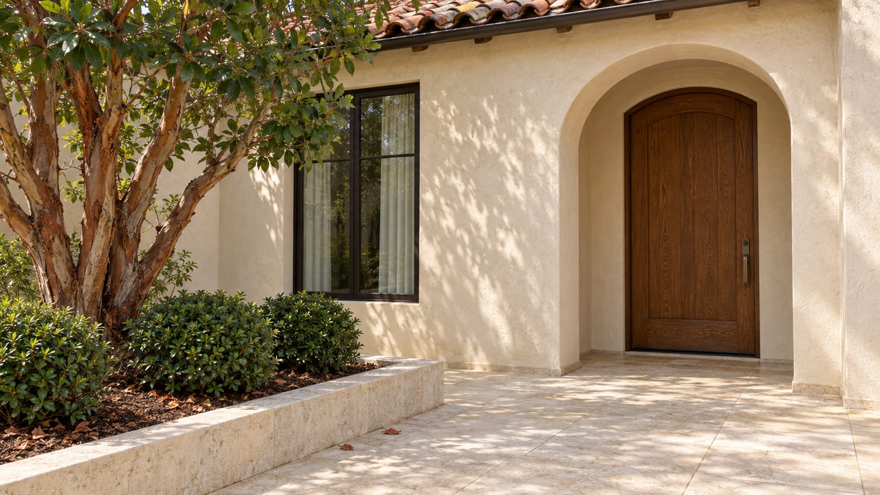 Clay-tiled stucco entrance with an arched oak door, limestone terrace and sculptural peeling-bark tree.