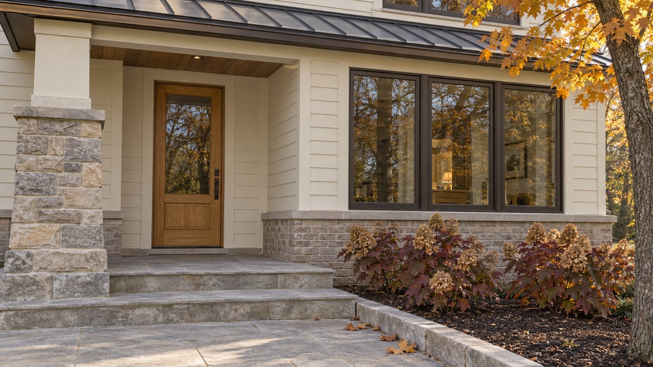 Autumn light on an ivory-sided home with a limestone porch, oak entry door, and amber maple leaves.