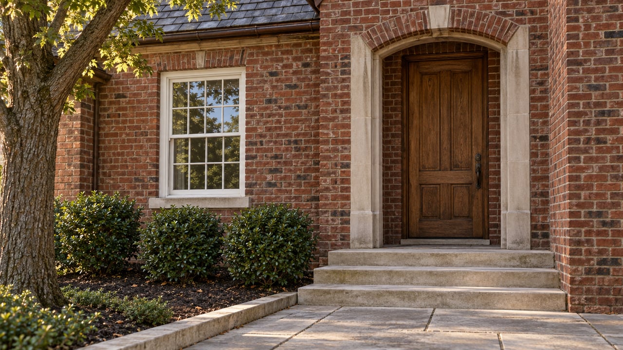Morning light on a red-brick home with an oak entry door, white divided-light window and worn limestone steps.