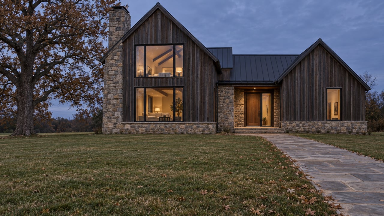 A stone-and-dark-timber estate across a broad autumn lawn at blue hour, with warm windows and a mature oak.