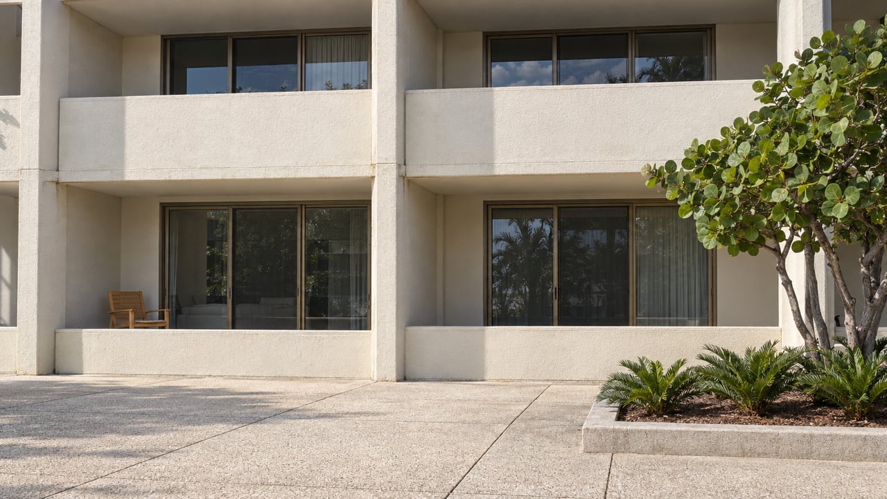 Cream stucco condominium balconies with bronze-framed sliding doors, weathered teak seating and a sea grape beside an aggregate courtyard.