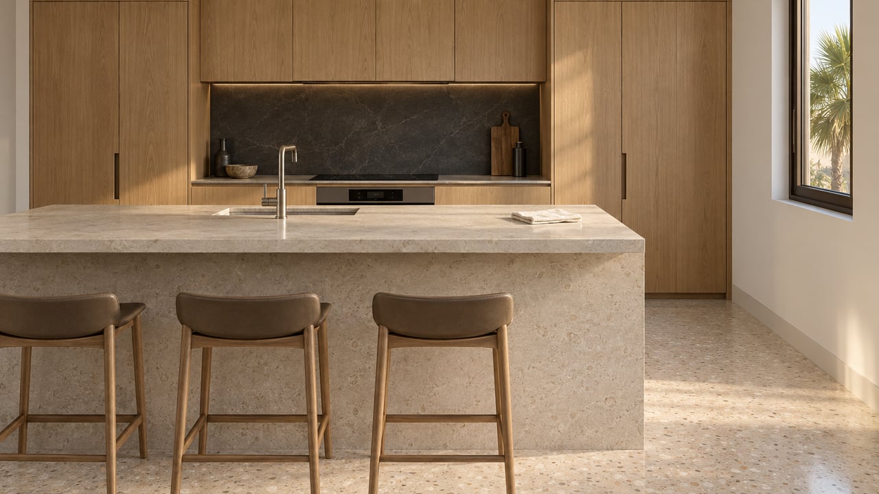 Condominium kitchen with a limestone island, oak cabinets, and a narrow window showing a palm crown.