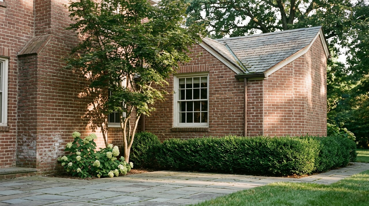 Brick house corner showing a seam between weathered original brick and a cleaner match, beside a divided-lite window and patio.