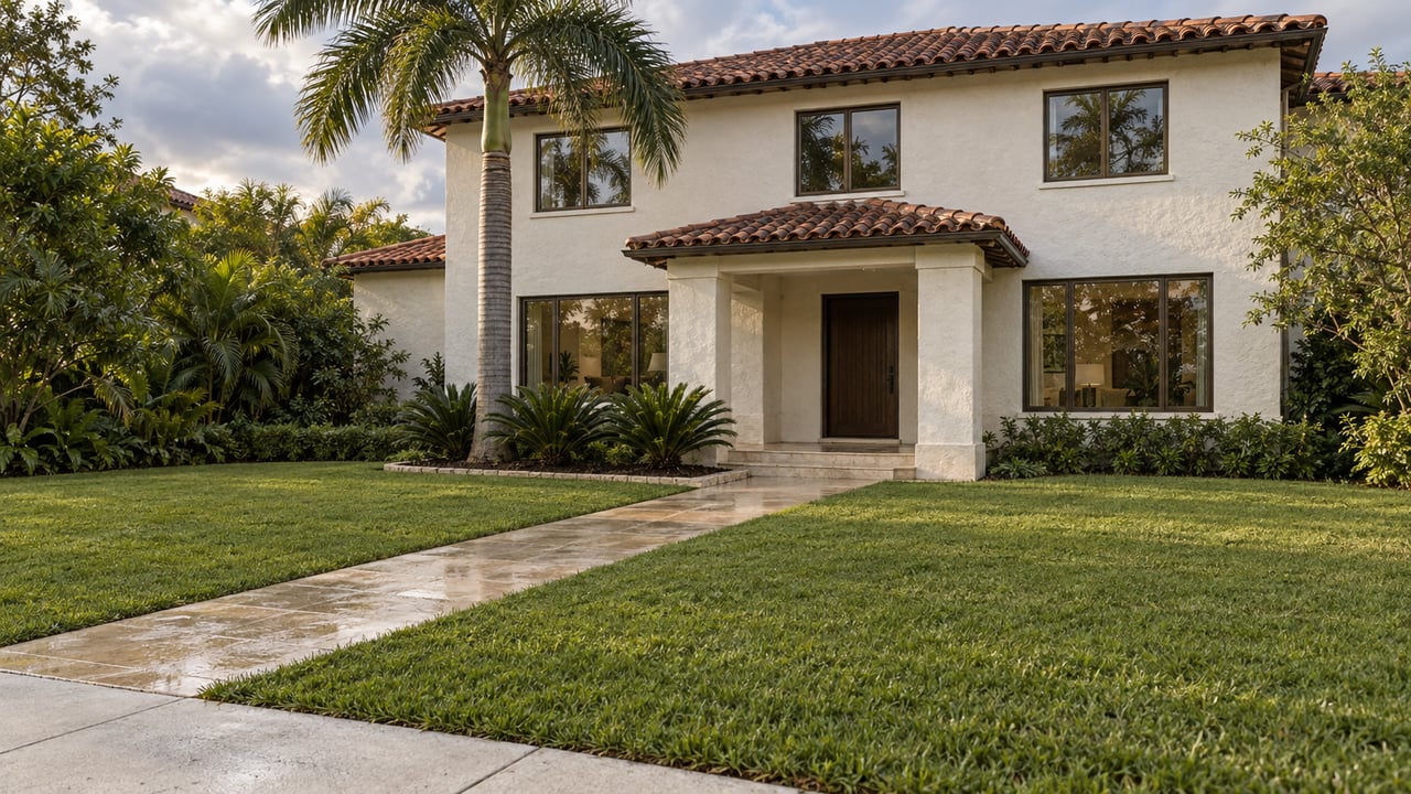 Warm-white stucco home with terracotta roof, a deep lawn, limestone approach and a mature royal palm under soft afternoon light.
