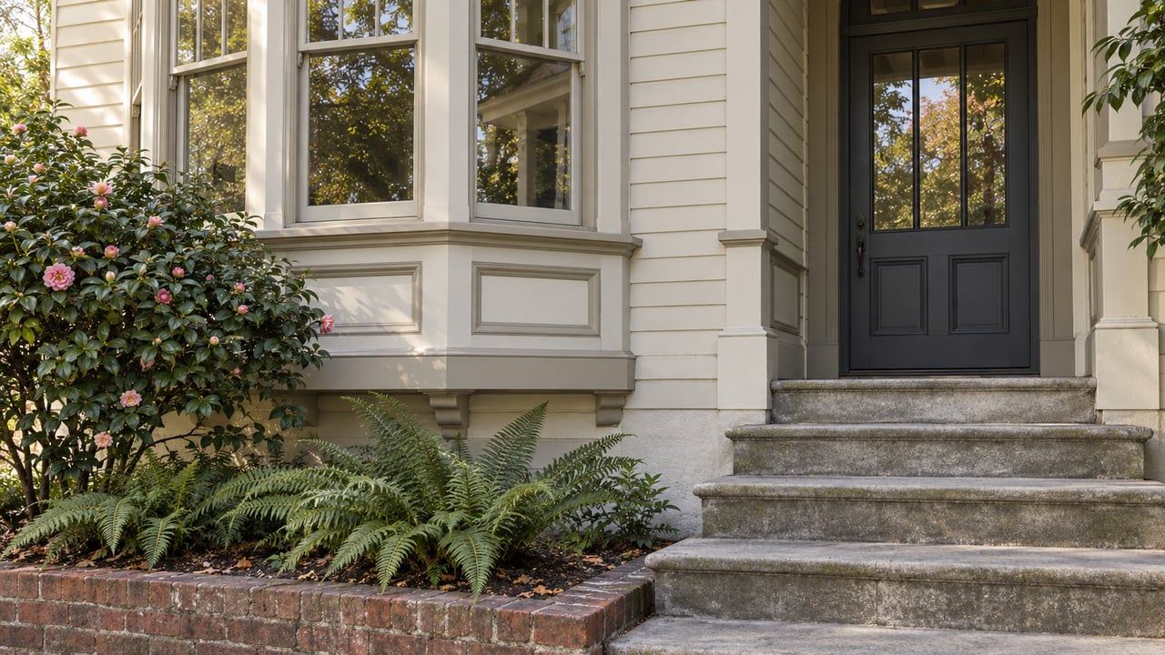 Ivory Edwardian house with a three-window bay, recessed dark door, stone steps, and a narrow camellia-and-fern bed.
