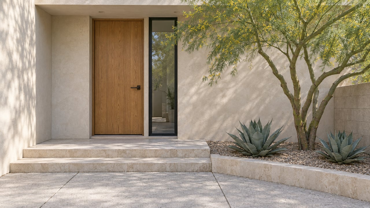 Stucco residence entry with a weathered oak door, limestone steps, and a desert tree in a gravel bed.