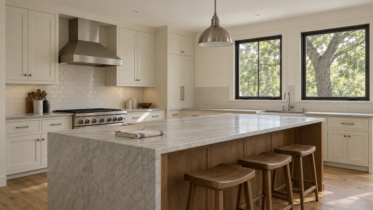 Updated kitchen with a brown oak island, pale stone counters, shaker cabinets, and windows overlooking an oak tree.