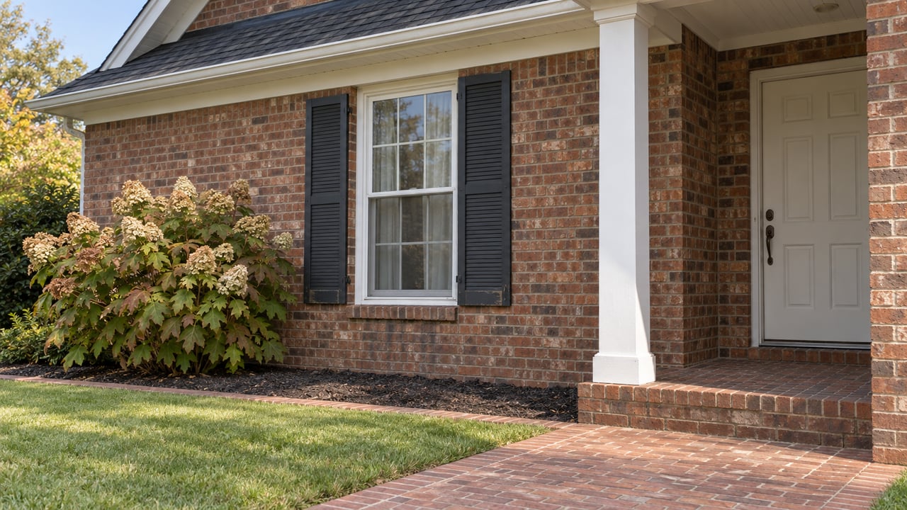 Red-brown brick home with a shuttered window, covered ivory front door and oakleaf hydrangea beside a worn brick walk.