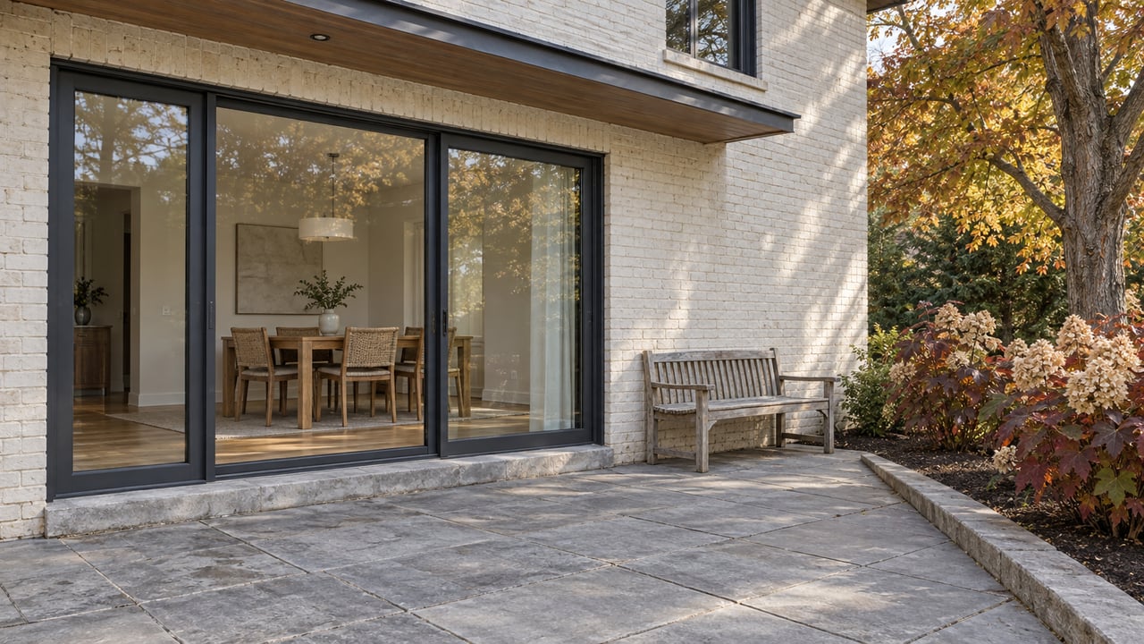 Ivory brick home with closed glass dining-room doors, limestone terrace, an oak bench, and autumn planting.