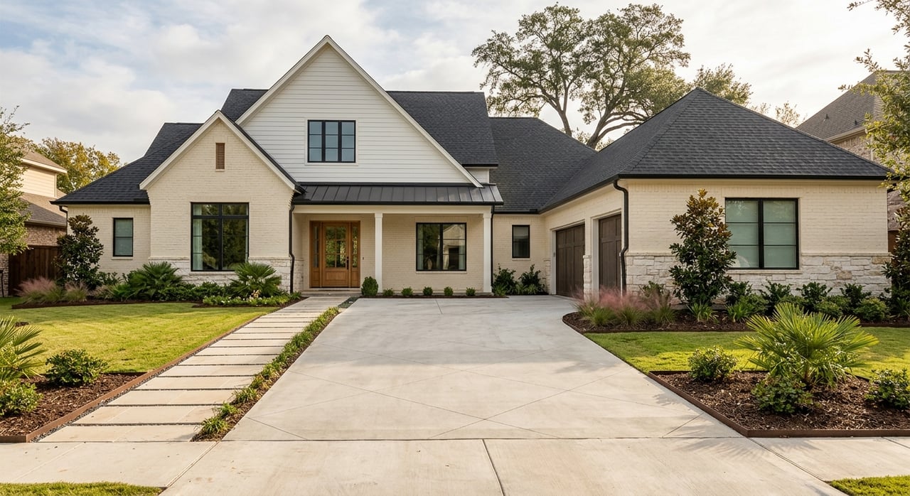 Transitional farmhouse with a broad concrete driveway, limestone walk, clipped shrubs, and live-oak canopy.