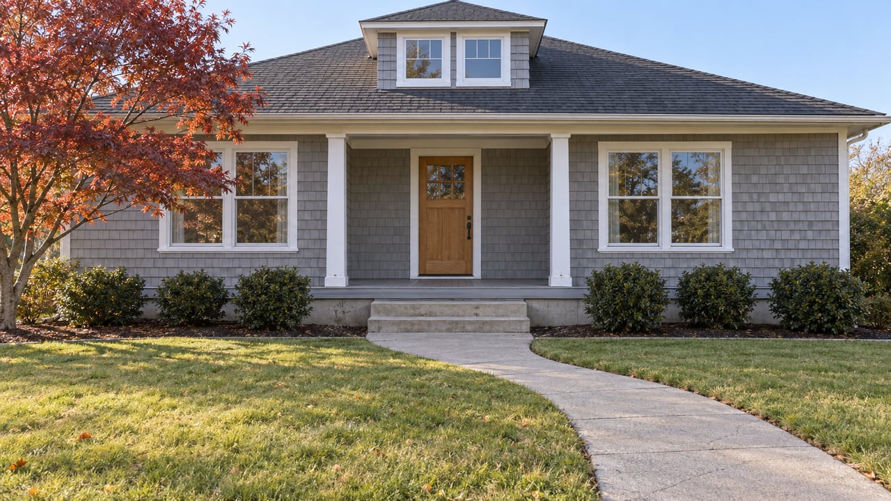 Gray shingle bungalow with a covered porch, curved concrete walkway, deep front lawn, and an autumn-colored Japanese maple.
