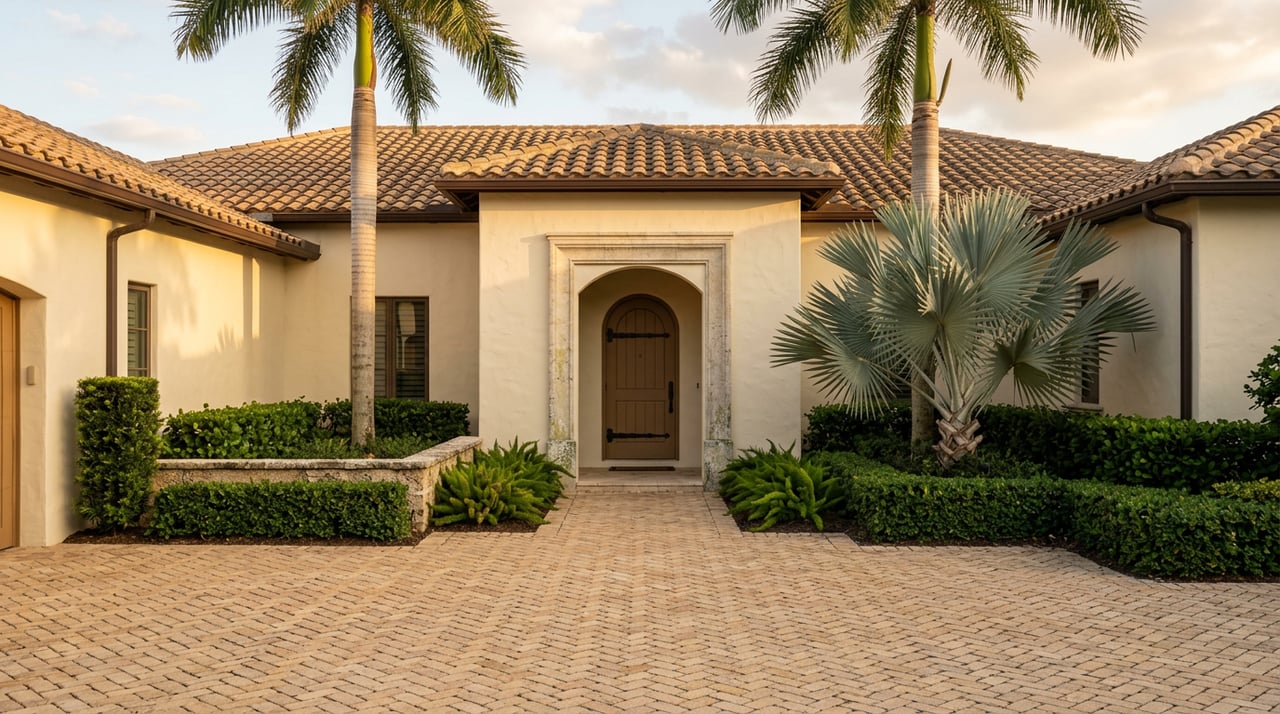 Cream stucco home with an arched entry, terracotta roof, paver court, and palms, including a silver-blue Bismarck palm.