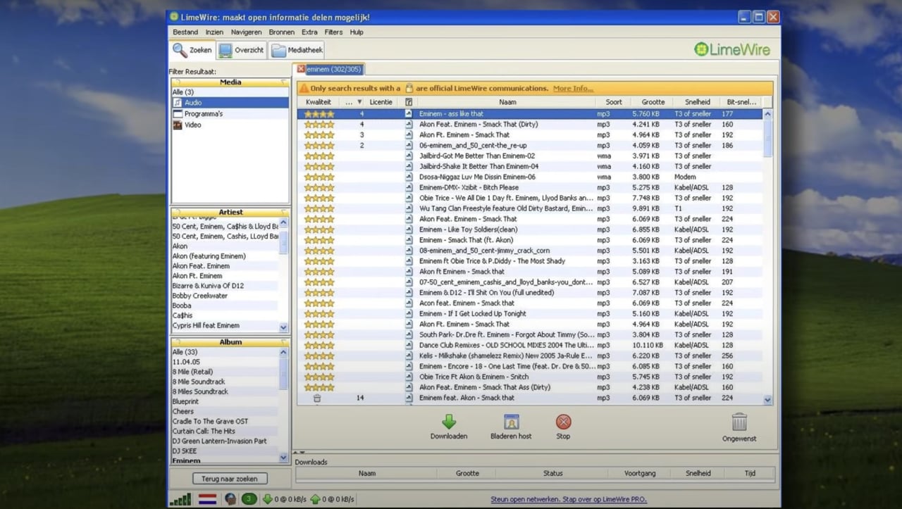 LimeWire music downloading program running on a Windows XP computer in the early 2000s
