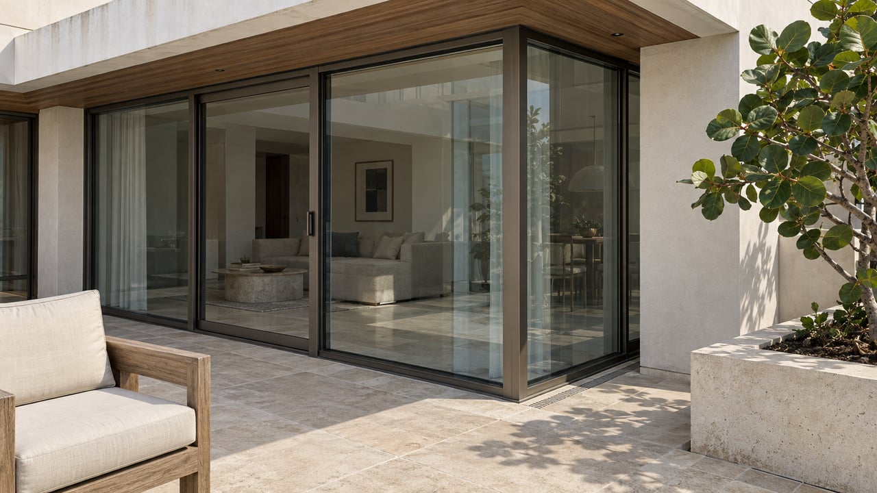 Sunlit apartment terrace with floor-to-ceiling glass, a teak soffit, limestone paving and one sculptural sea grape tree in a raised stone planter.