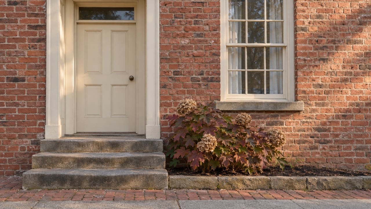 Warm afternoon light across a red brick home's cream-painted entrance, sash window, worn stone steps and autumn oakleaf hydrangea.