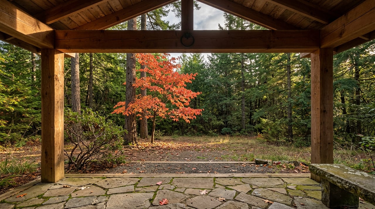 Timber porch frames a scarlet-orange dogwood in a forest clearing above moss-jointed stone pavers.