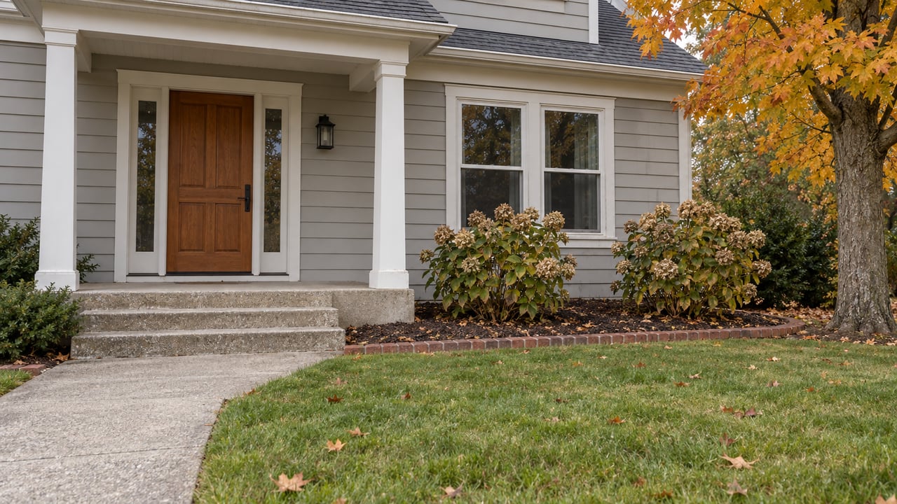 Autumn front entry of a gray-sided home with concrete porch steps, paired windows, dried hydrangea heads and a sugar maple.